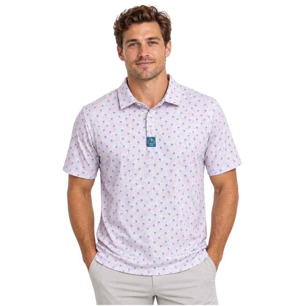 Pins & Aces Golf Co Mens Large Pink Blue Palm Tree Print Performance Polo Shirt